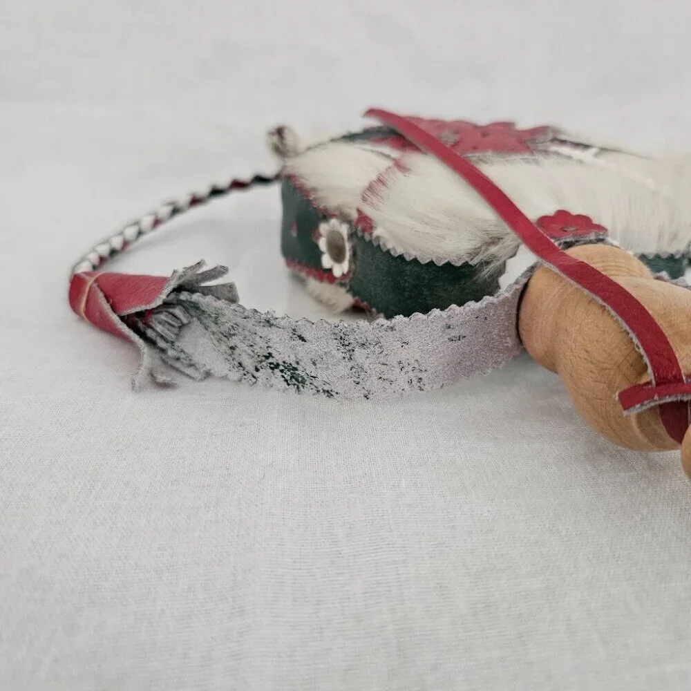 Vintage Hungarian Leather & Cowhide Decorative Canteen Flask – Red Green White